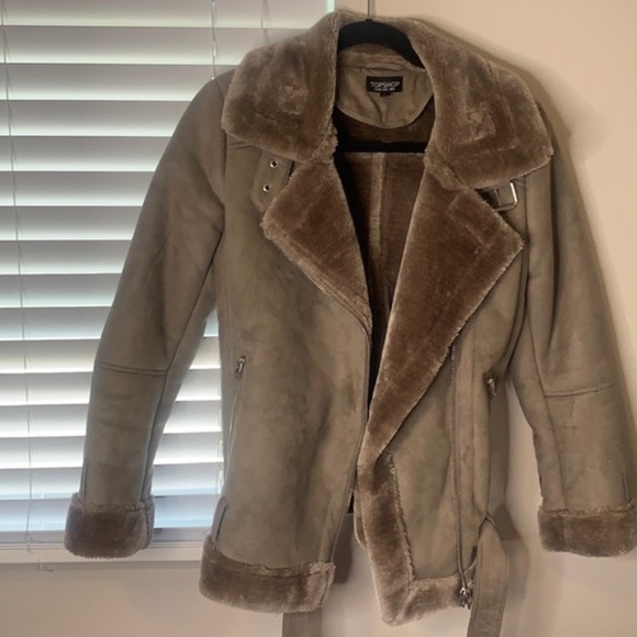 Topshop beige/ tan faux fur moto jacket - Picture 2 of 5